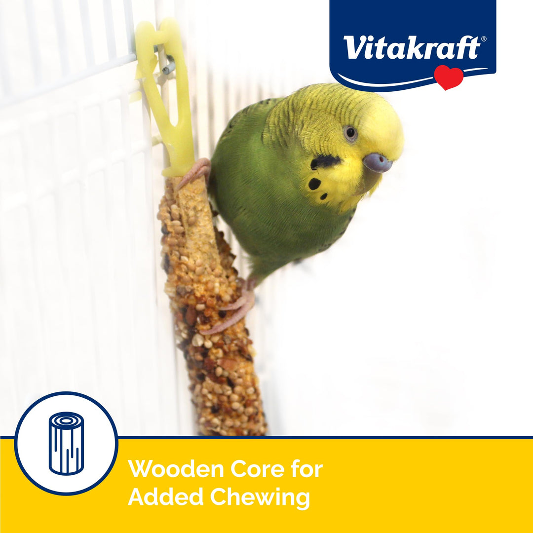 Vitakraft Crunch Sticks Parakeet Treat - Triple-Baked Millet Parakeet Treats with Natural Wood Center - Crunchy &amp; Nutritious Bird Treat Sticks for Small Animals (12 Count, Honey, Egg, and Apple)