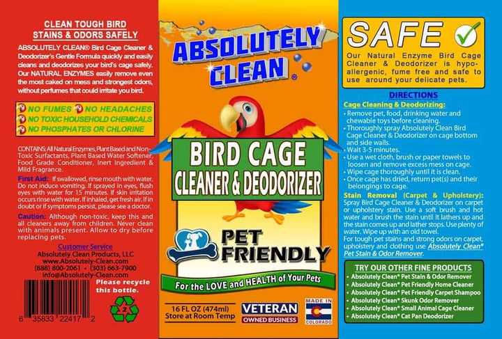 Absolutely Clean Amazing Bird Cage Cleaner and Deodorizer - Just Spray/Wipe - Safely &amp; Easily Removes Bird Messes Quickly and Easily - Made in The US - Fragrance Free (16oz Pack of 1)