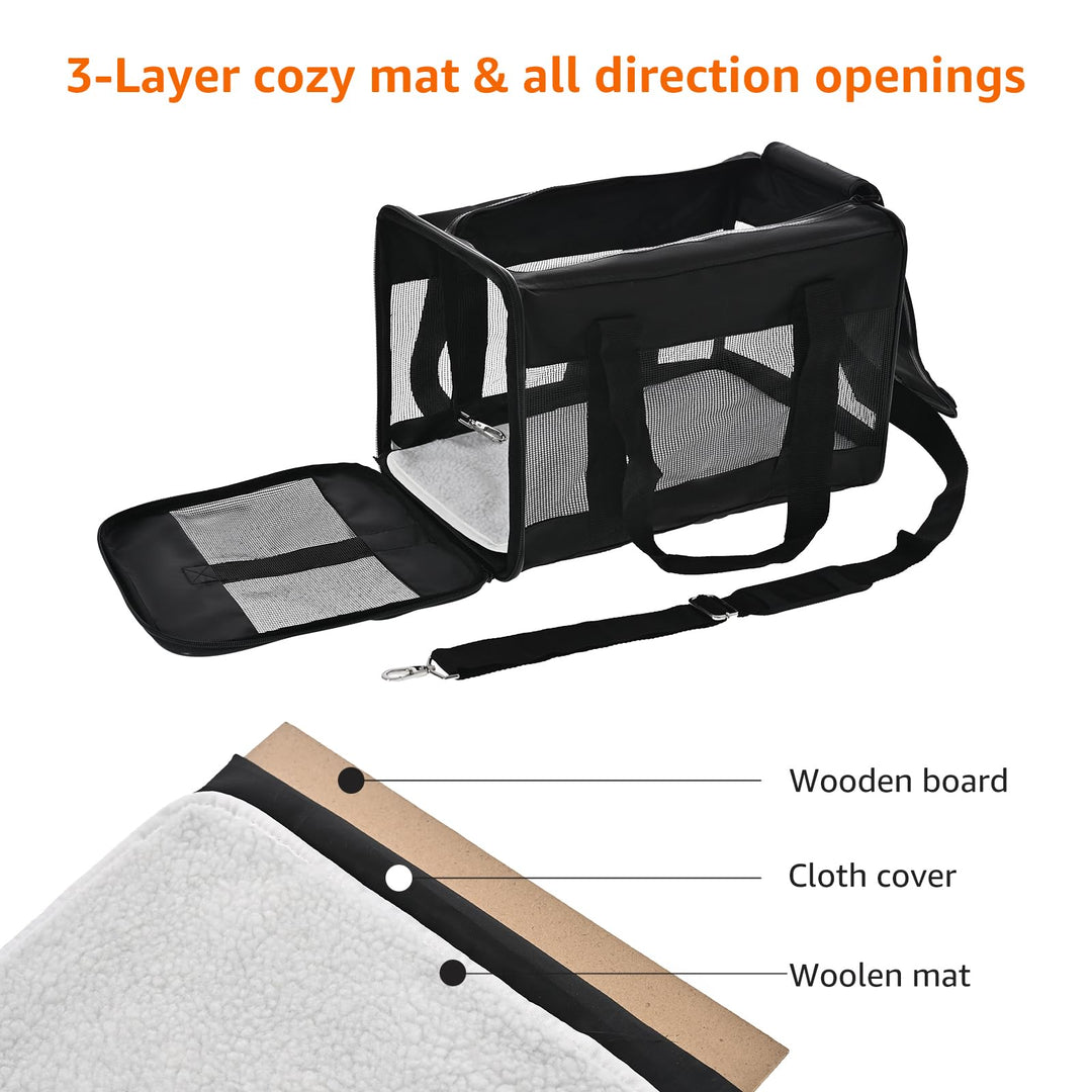 Amazon Basics Airline Approved Soft-Sided Mesh Pet Travel Carrier with Shoulder Strap, Portable, Washable Removable Fleece Pad for Dog, Cat, up to 16 pounds, 16.5" L x 10.6" W x 11" H, Black