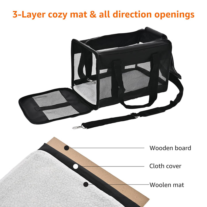 Amazon Basics Airline Approved Soft-Sided Mesh Pet Travel Carrier with Shoulder Strap, Portable, Washable Removable Fleece Pad for Dog, Cat, up to 16 pounds, 16.5" L x 10.6" W x 11" H, Black