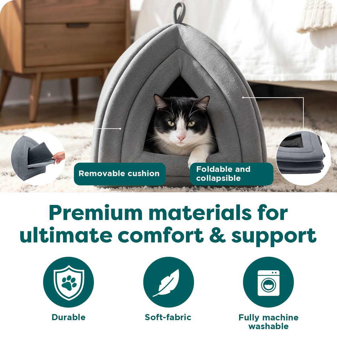 FurHaven Cat Bed Cave for Indoor Cats &amp; Small Dogs, Washable &amp; Foldable Pet Tent with Removable Cushion, Small, Polar Fleece, Heather Gray