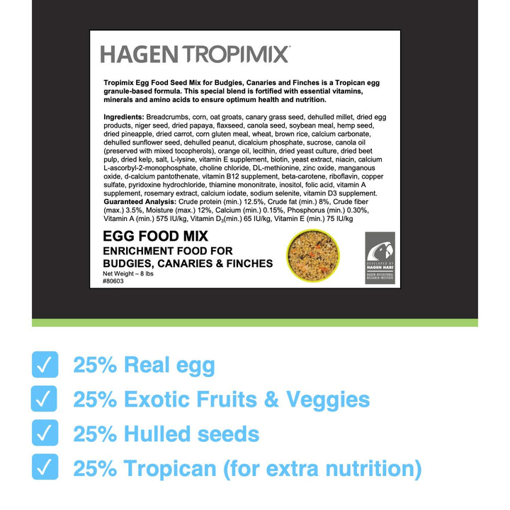 HARI Tropimix Bird Food for Budgies, Canaries And Finches, Hagen Parrot Food with Seeds, Egg, Fruits and Vegetables, Egg Food Mix, 8 lb Bag