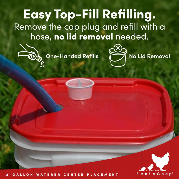 RentACoop 2 Gallon Chicken Waterer with Cups &amp; Nipples, Center Placement