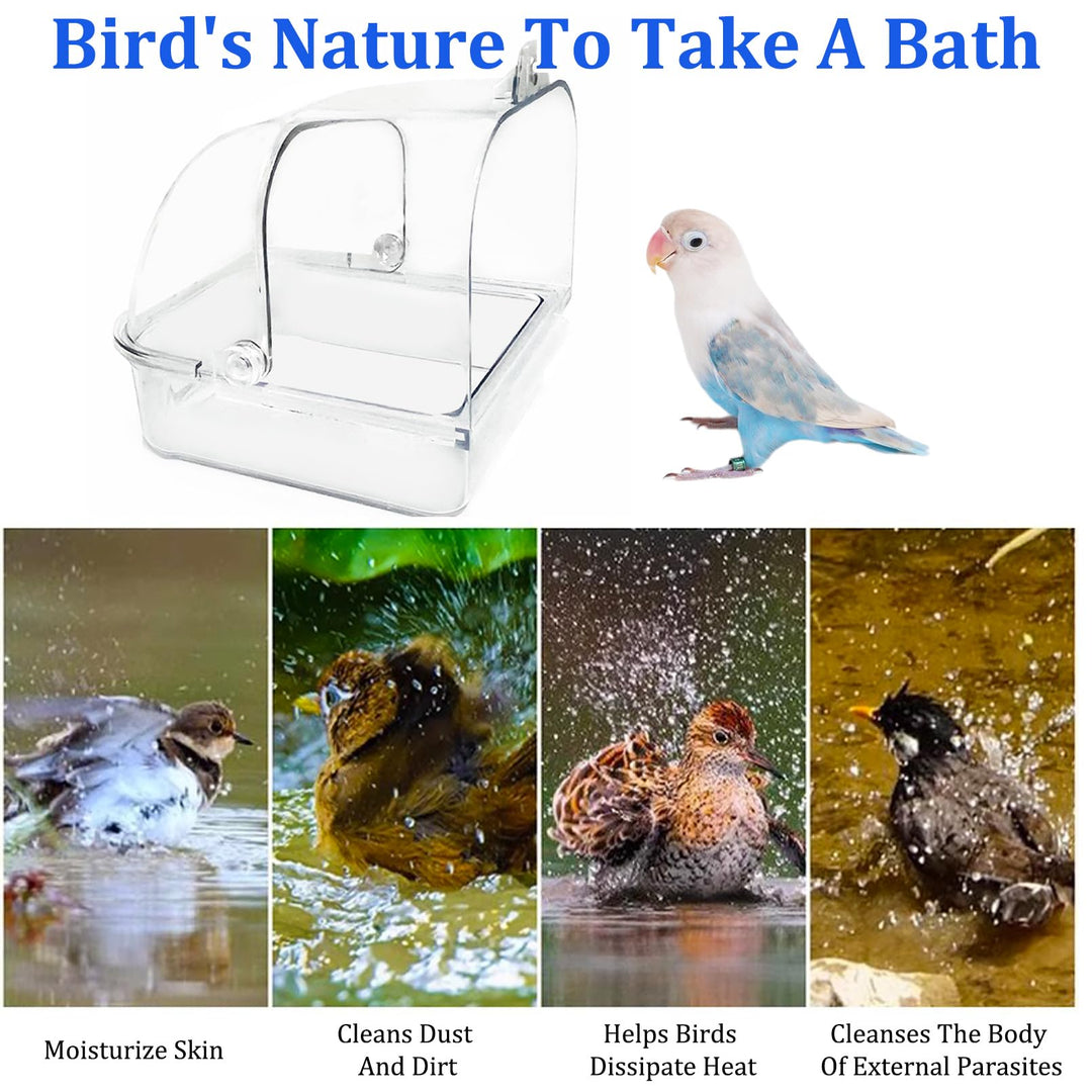 Tfwadmx Bird Cage Bath Hanging Parrot Bath Tub Water Shower Food Feeder Holder Tray Bird Bath Supplies for Small Birds Canary Budgies Cockatiel Lovebirds (Transparent)