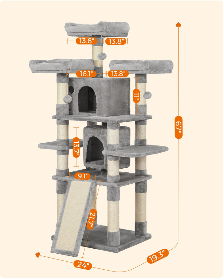 Feandrea 67.7-Inch Multi-Level Cat Tree for Large Cats, with Cozy Perches