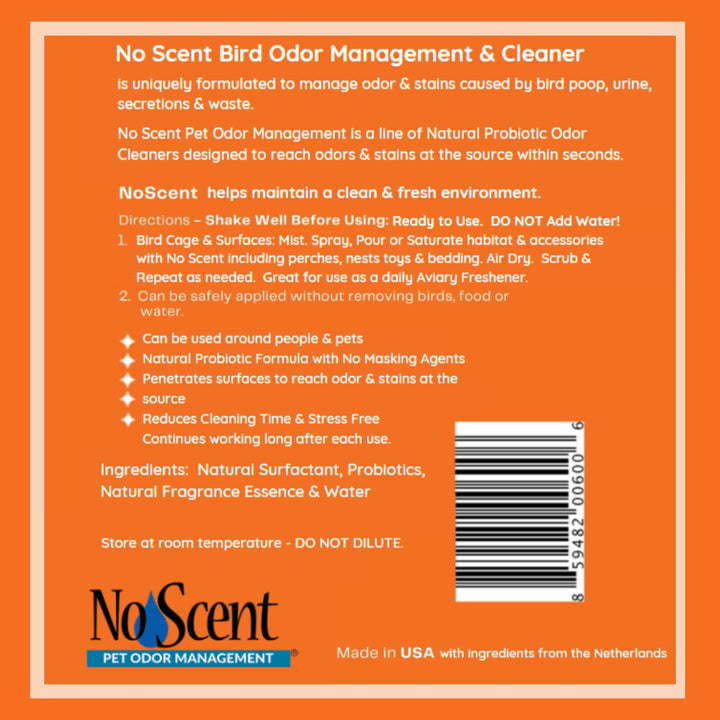 No Scent Bird Cage Cleaner Spray &amp; Pet Odor Management, Natural Aviary Freshener (32 Fl Oz / 946 mL)