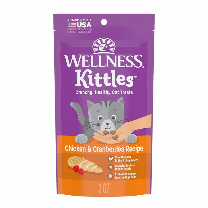 Wellness Kittles Crunchy Cat Treats, All Lifestages, Kitten to Senior, Natural, Grain Free, Chicken and Cranberry Flavor, 2 oz Bag