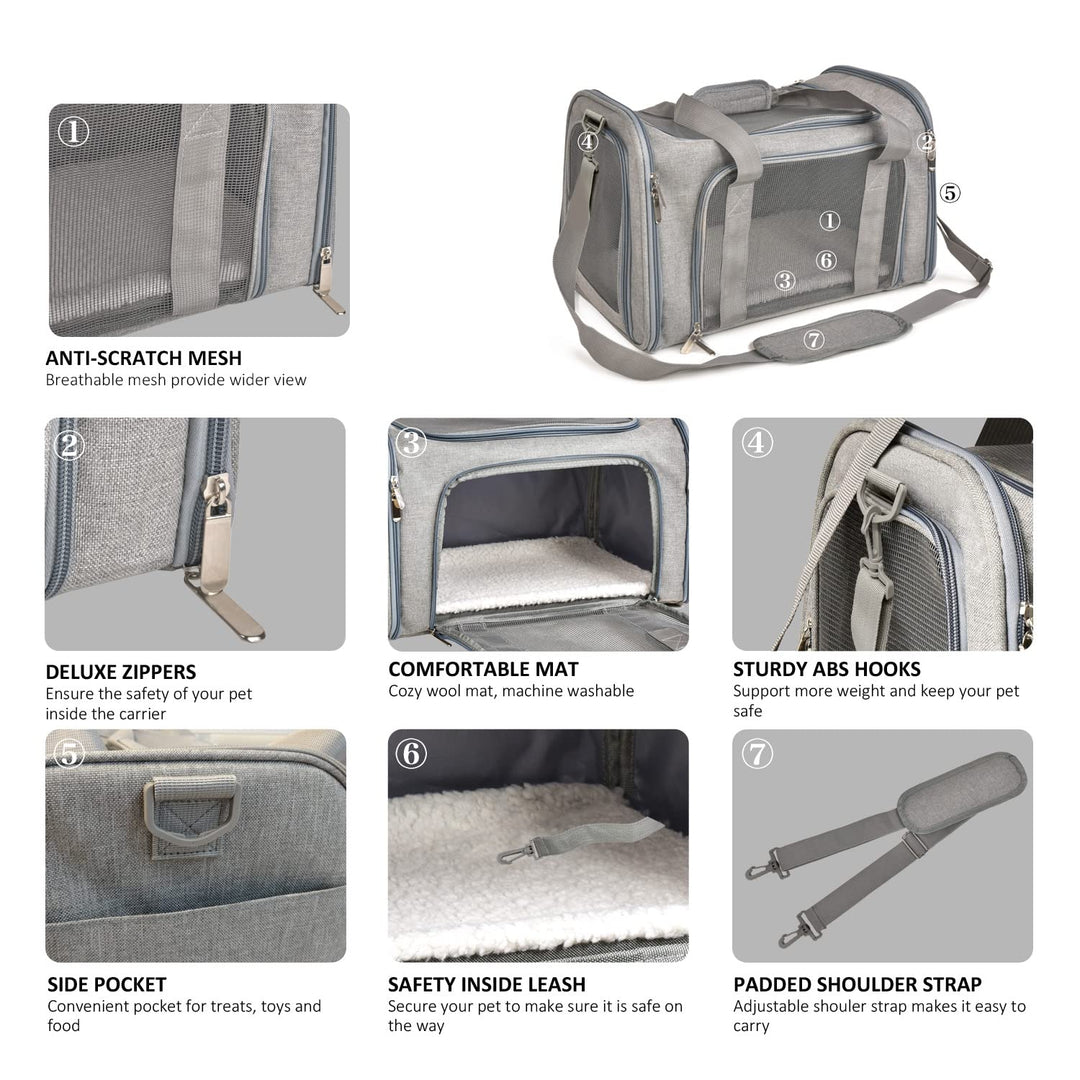 Henkelion Cat Carriers Dog Carrier Pet Carrier For Small / Medium Cats Dogs Puppies (Up To 15lbs), TSA Airline Approved Small Dog Carrier Soft Sided, Collapsible Waterproof Travel Puppy Carrier - Grey