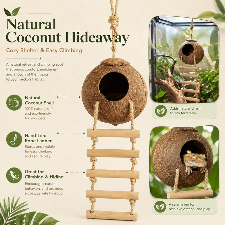 RUNANIA Crested Gecko Tank Accessories，Reptile Vines Plants with Coconut Shell Ladder Hideout Hermit Crab Decor for Leopard Gecko Lizard Chameleon Tortoise Snake Terrarium Decor