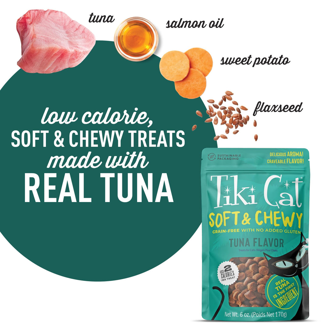Tiki Cat Soft &amp; Chewy Treats, Tuna Flavor, 3 Calories Per Treat with Grain-Free and No Added Gluten, 6 oz Pouch (Pack of 1)
