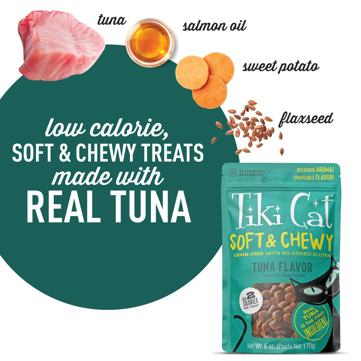 Tiki Cat Soft &amp; Chewy Treats, Tuna Flavor, 3 Calories Per Treat with Grain-Free and No Added Gluten, 6 oz Pouch (Pack of 1)
