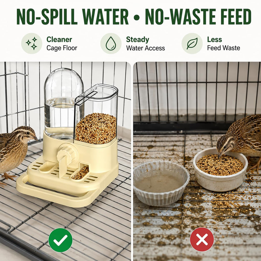 2-in-1 Quail Feeder and Waterer for Cage, Gravity Auto Bird Water Feeder No-Waste Bird Feeder, No-Spill Quail Waterer, Hanging or Standing, Dry/Wet Separation, for Chick/Duck/Hamster