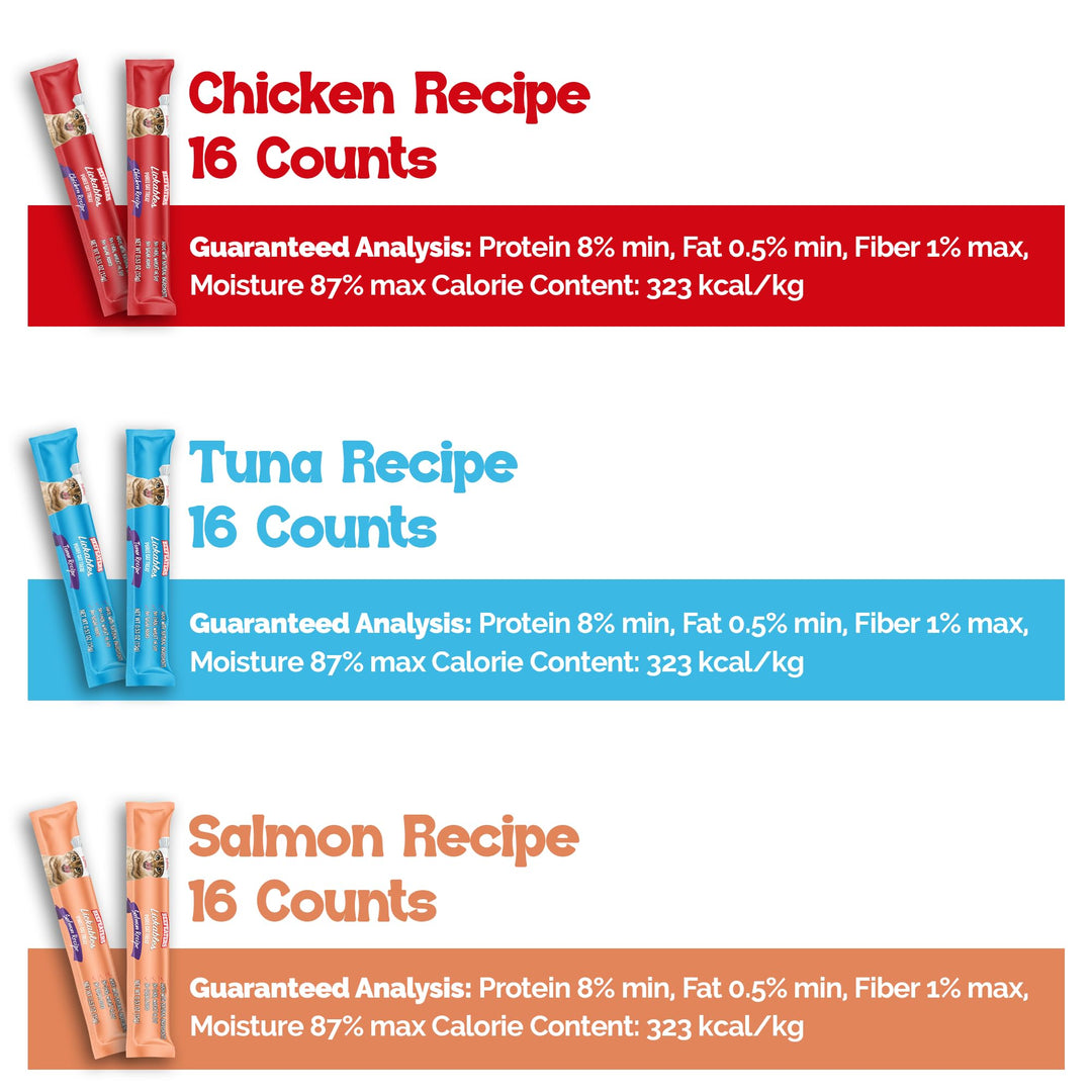 Beefeaters Lickable Cat Treats 48 Count – Puree Squeeze Up Tubes Variety Pack (Salmon, Tuna &amp; Chicken) | Grain Free, Taurine Enriched, High Moisture for Picky Eaters | Cat Treat Topper or Snack