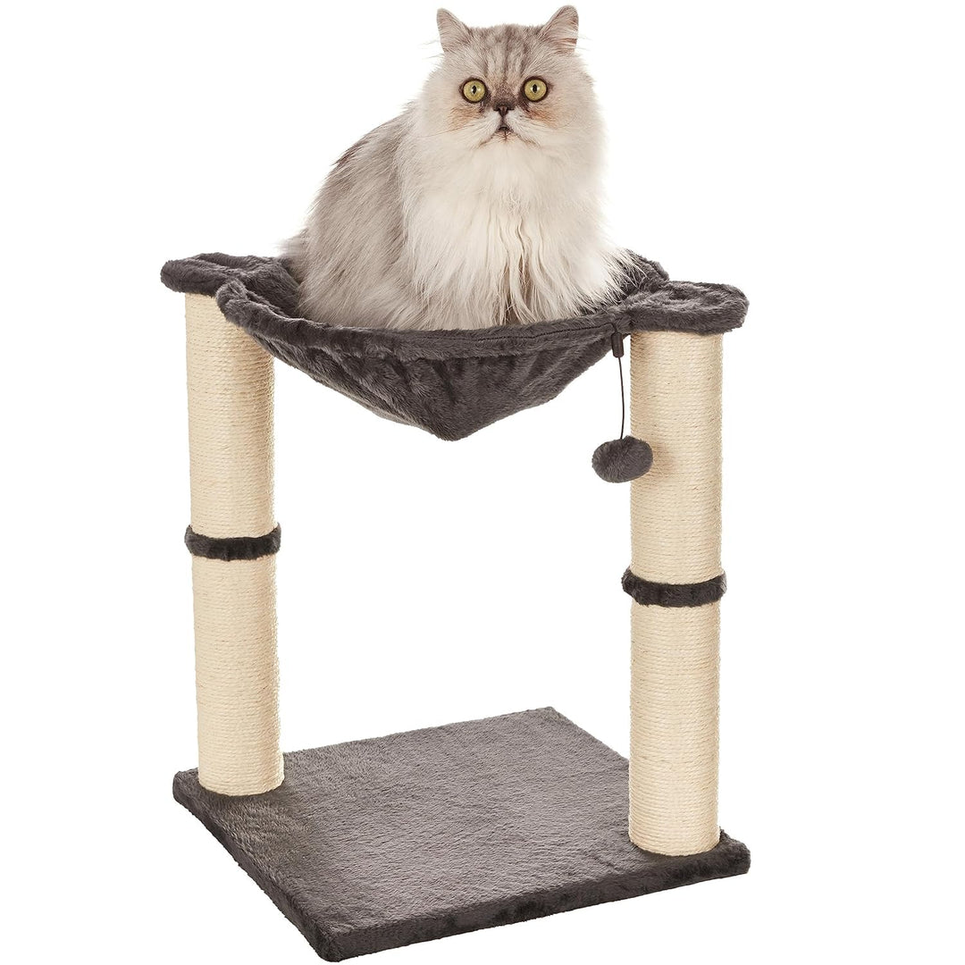 Amazon Basics Sturdy Cat Condo Tower with Hammock Bed and Scratching Posts, Interactive Hanging Ball Toy for Indoor Cats, 15.8" x 15.8" x 19.7", Gray