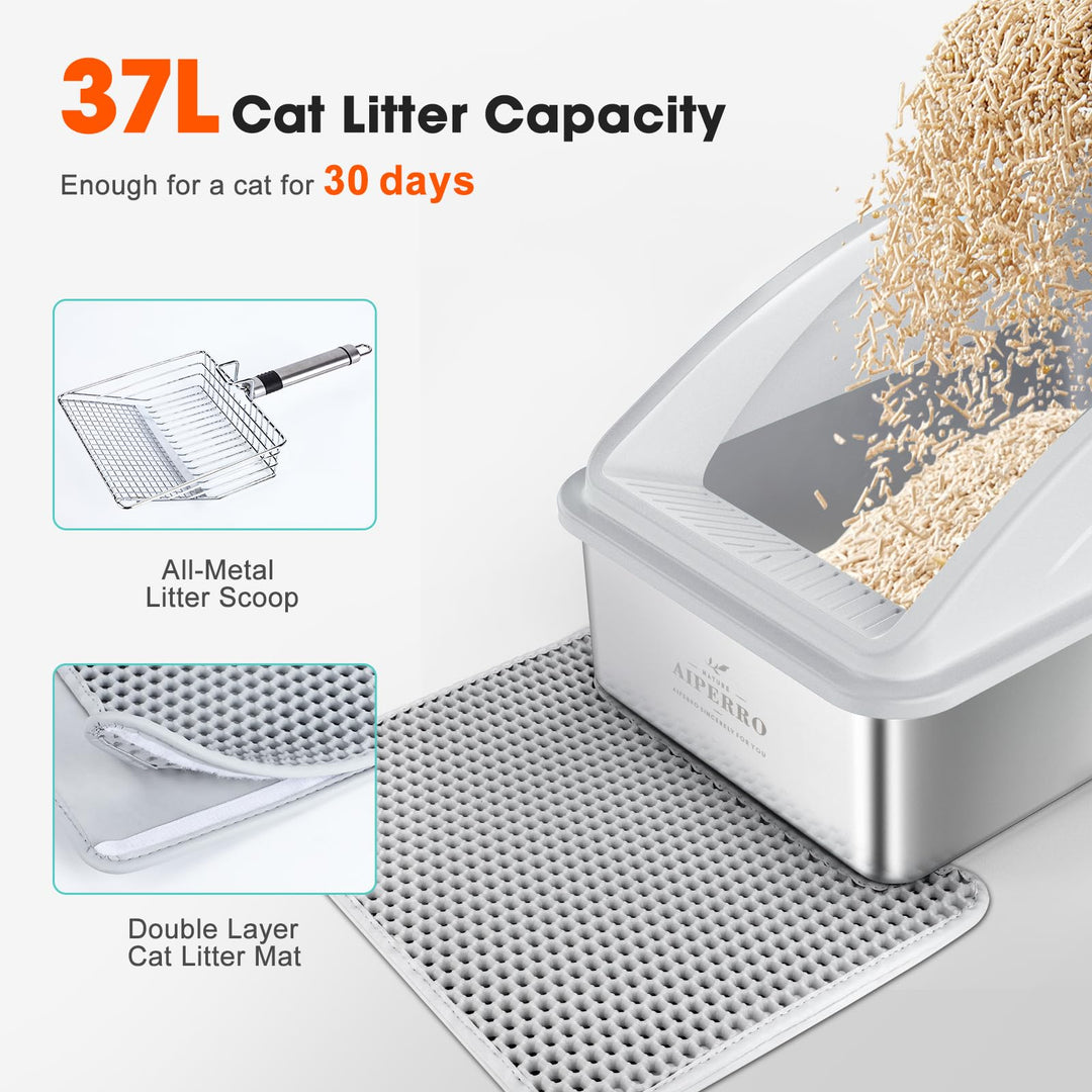 AIPERRO Stainless Steel Litter Box | XL Enclosed Cat Litter Boxes with Lid