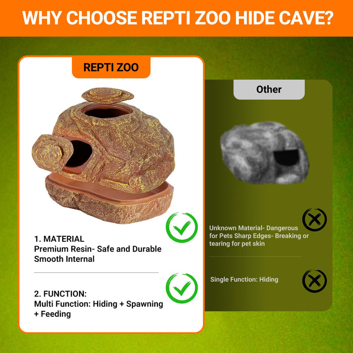 REPTI ZOO Gecko Hide Cave, 2 in 1 Snake Reptile Hideout for Hide &amp; Rest &amp; Breed &amp; Feeding, Reptile &amp; Amphibian Habitat Decor for Corn Snake, Small Snake, Ball Python, Crested Gecko, Leopard Gecko