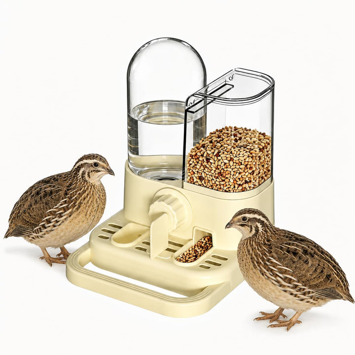 2-in-1 Quail Feeder and Waterer for Cage, Gravity Auto Bird Water Feeder No-Waste Bird Feeder, No-Spill Quail Waterer, Hanging or Standing, Dry/Wet Separation, for Chick/Duck/Hamster
