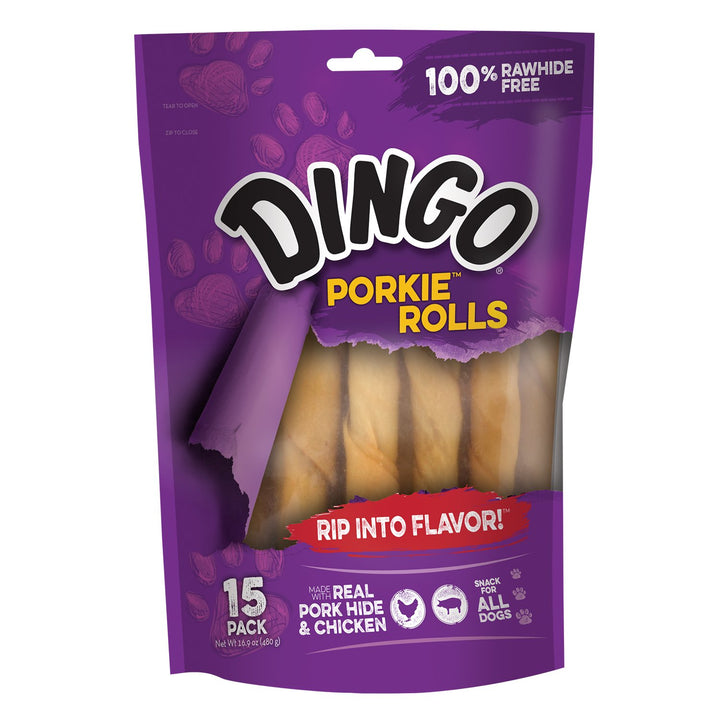 Dingo Porkie Rolls Pork Hide Dog Treats, with Real Pork &amp; Chicken, 15 Ct