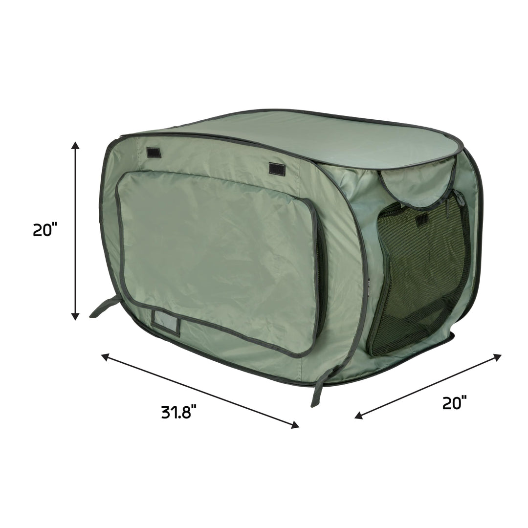 SportPet Designs Soft-Sided Pop-Open Pet Kennel, Medium Portable Travel Crate for Cats &amp; Dogs up to 50 lbs, Foldable Car Kennel with Seatbelt Straps &amp; Washable Waterproof Pad, Green