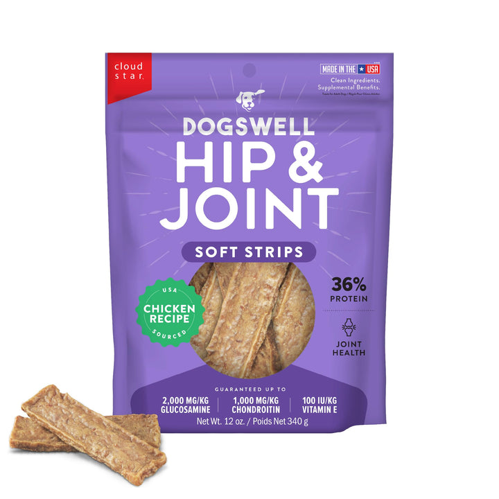 DOGSWELL Hip &amp; Joint Soft Strips Dog Treats, Adult, Chicken, 12 oz Bag