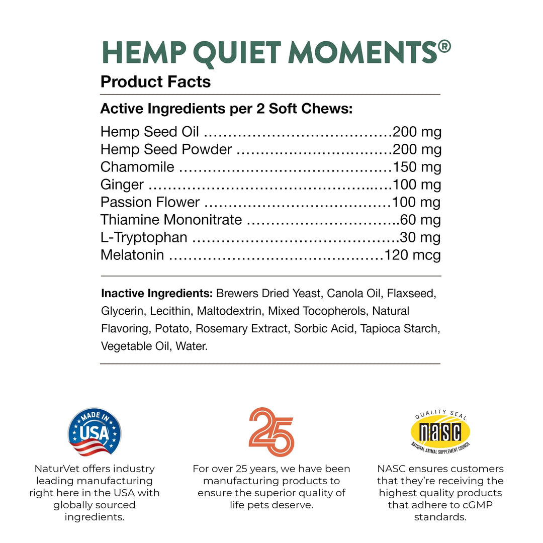 NaturVet Quiet Moments Calming Plus Hemp Dog Supplement - 180 Soft Chews