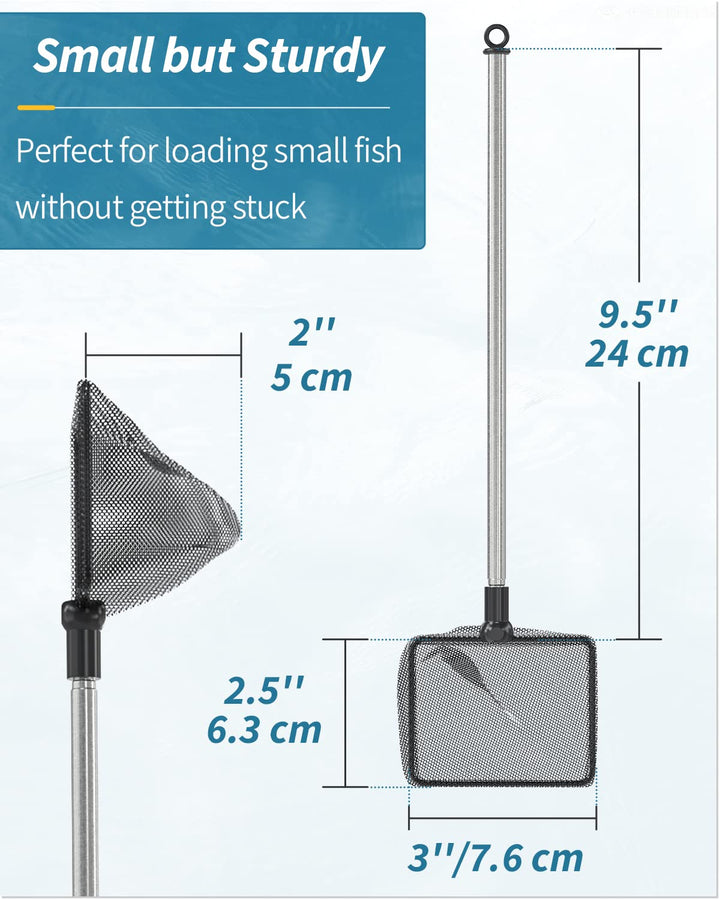 Pawfly 3 Inch Aquarium Fish Net with Telescopic Stainless Steel Handle Small Square Net with Soft Fine Mesh Sludge Food Residue Wastes Skimming Cleaning Net for Fish Tanks Small Koi Ponds and Pools