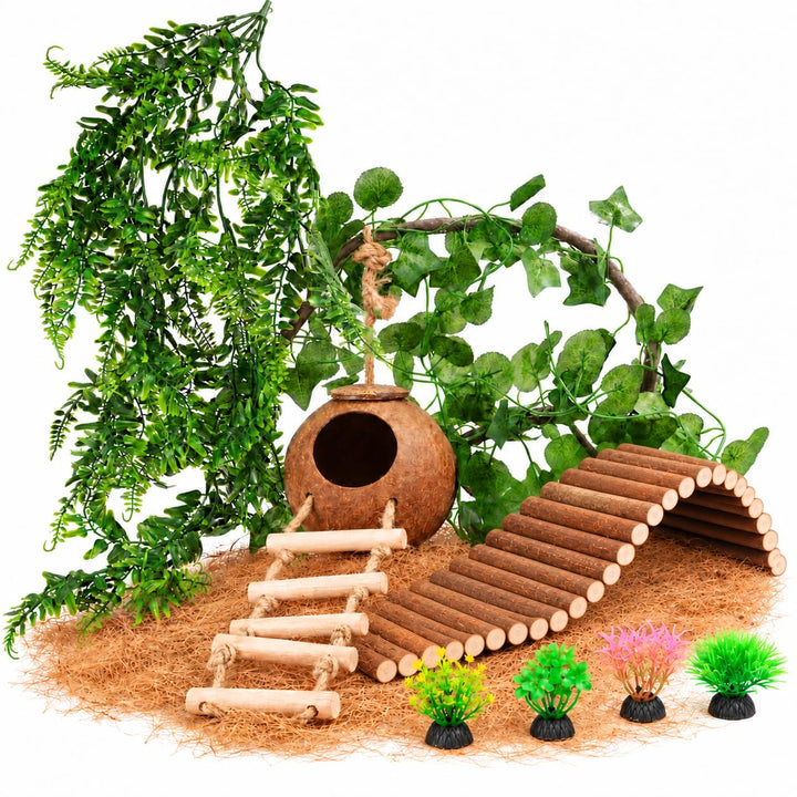 10PCS Crested Gecko Tank Accessories, Reptile Plants Bridge Vines, Coconut Shell with Ladder for Lizard, Chameleon Cage, Snakes, Hermit Crab, Leopard Gecko Tank Accessories, Terrarium Decor