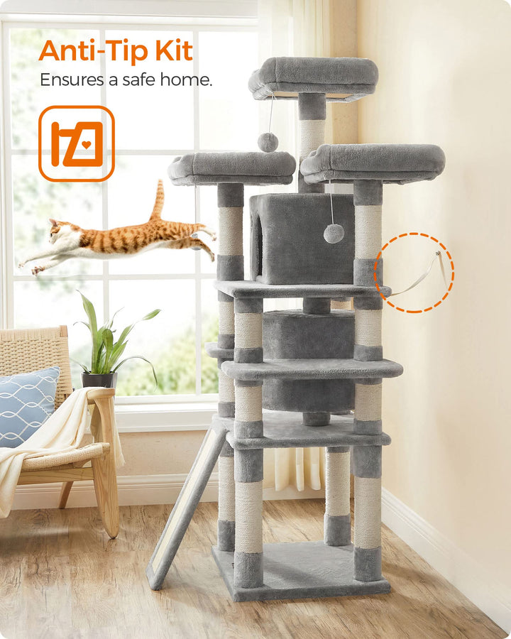 Feandrea 67.7-Inch Multi-Level Cat Tree for Large Cats, with Cozy Perches