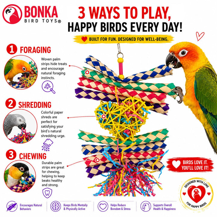 Bonka Bird Toys 1730 Foraging Valentine Heart Bird Toy for Medium Birds Shredding and Chewing Cage Toy Colorful Palm Leaf and Paper Foraging Toy 9" x 6"