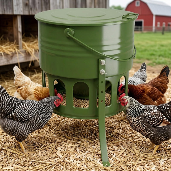 Metal Chicken Feeder No Waste - 20LB Large Chicken Feeder with 12 Ports &amp; 4 Adjustable Heights Tripod Stand, Automatic Hanging Poultry Feeder, Rainproof for Backyard Chickens &amp; Small Flocks
