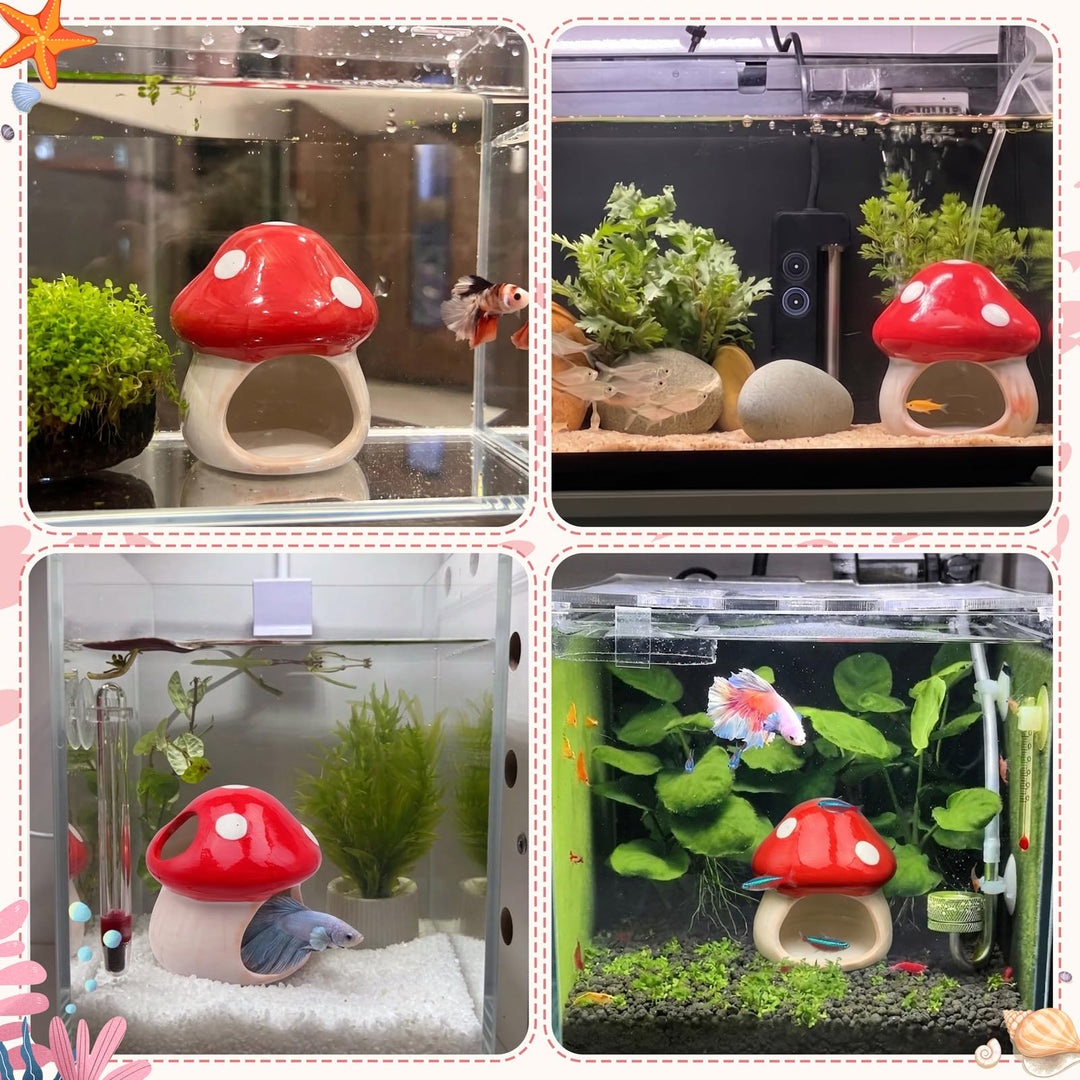 Aquarium Decor Betta Fish Tank Accessories, Cute Ceramic Mushroom House