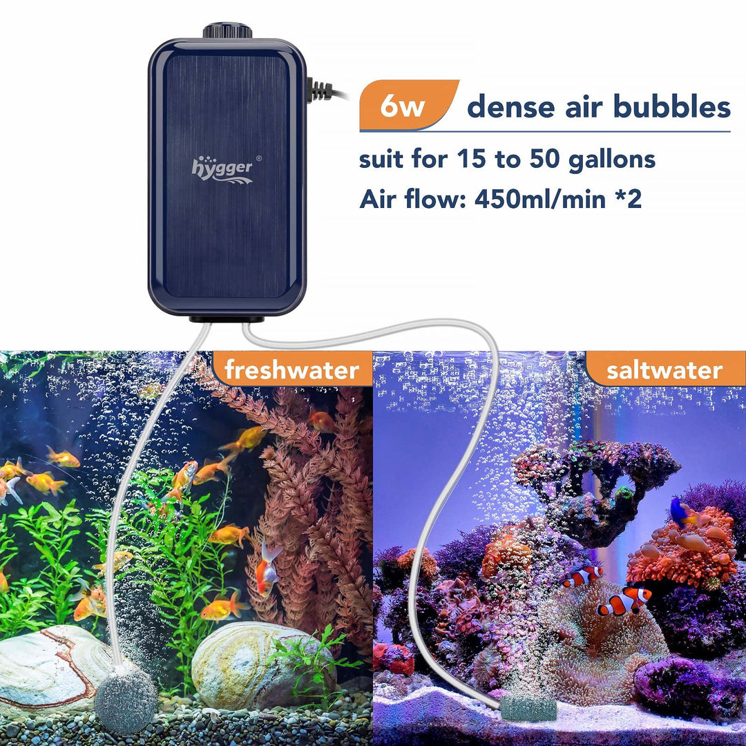 hygger Aquarium Air Pump, Adjustable Oxygen Pump, Silent Powerful Aerator Pump 2W/3W/4.5W/6W/ 2 Air Outlets Ultra for Up to 100 Gallon Tank (6W) with Accessories