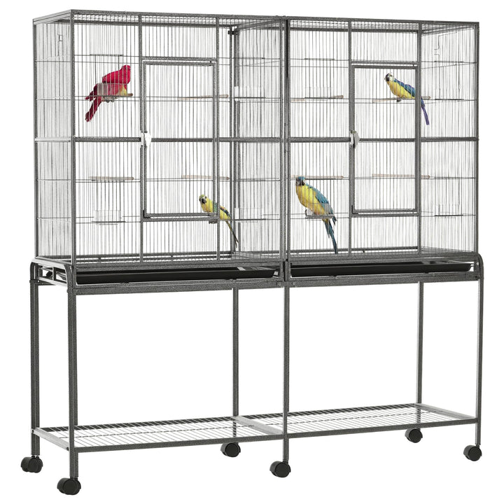 PawHut 65" Double Rolling Metal Bird Cage with Divider, Large Parrot Cage for Parakeet, Canaries, Lovebirds, Budgie, Finch, with Detachable Rolling Stand, Storage Shelf, Wood Perch &amp; Food Container