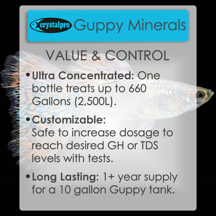 Crystalpro Guppy Minerals 4.22 Oz - Mineral Additive for Guppies - Replenishes Protective Coat and Improves General Health Freshwater Aquarium Salt (125 ml) Treats 660 Gallons