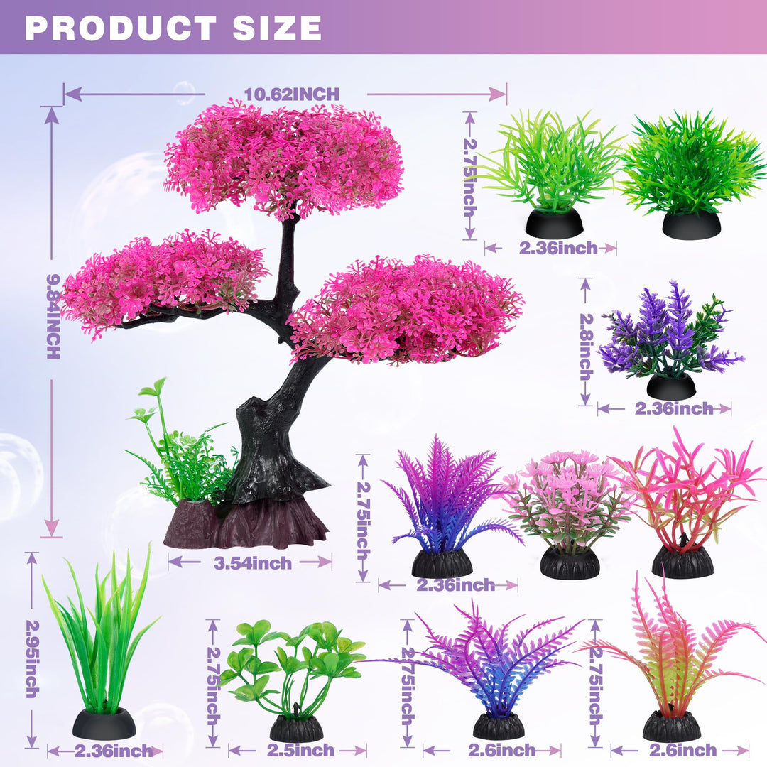 Ameliade Pink Artificial Plastic Tree Aquarium Plants Decor Set, 11PCS