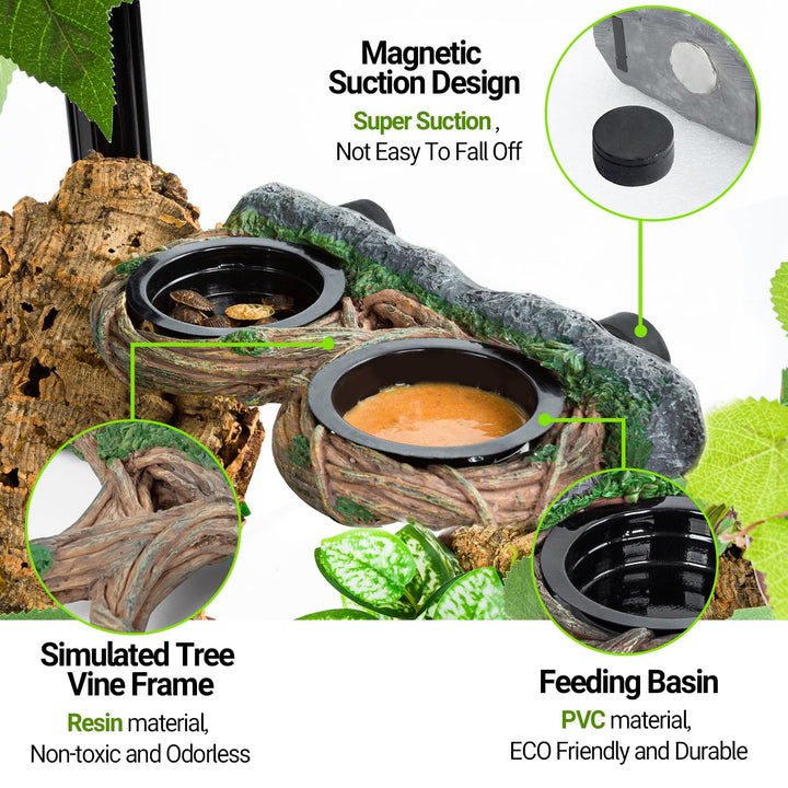 REPTI ZOO Magnetic Reptile Feeding Ledge, Gecko Feeder Ledge with 4PCS Cups, Hollow Vine Food Dish, Reptile Water Bowl for Bearded Dragon Lizard Snake Turtle, Terrarium Tank Accessories