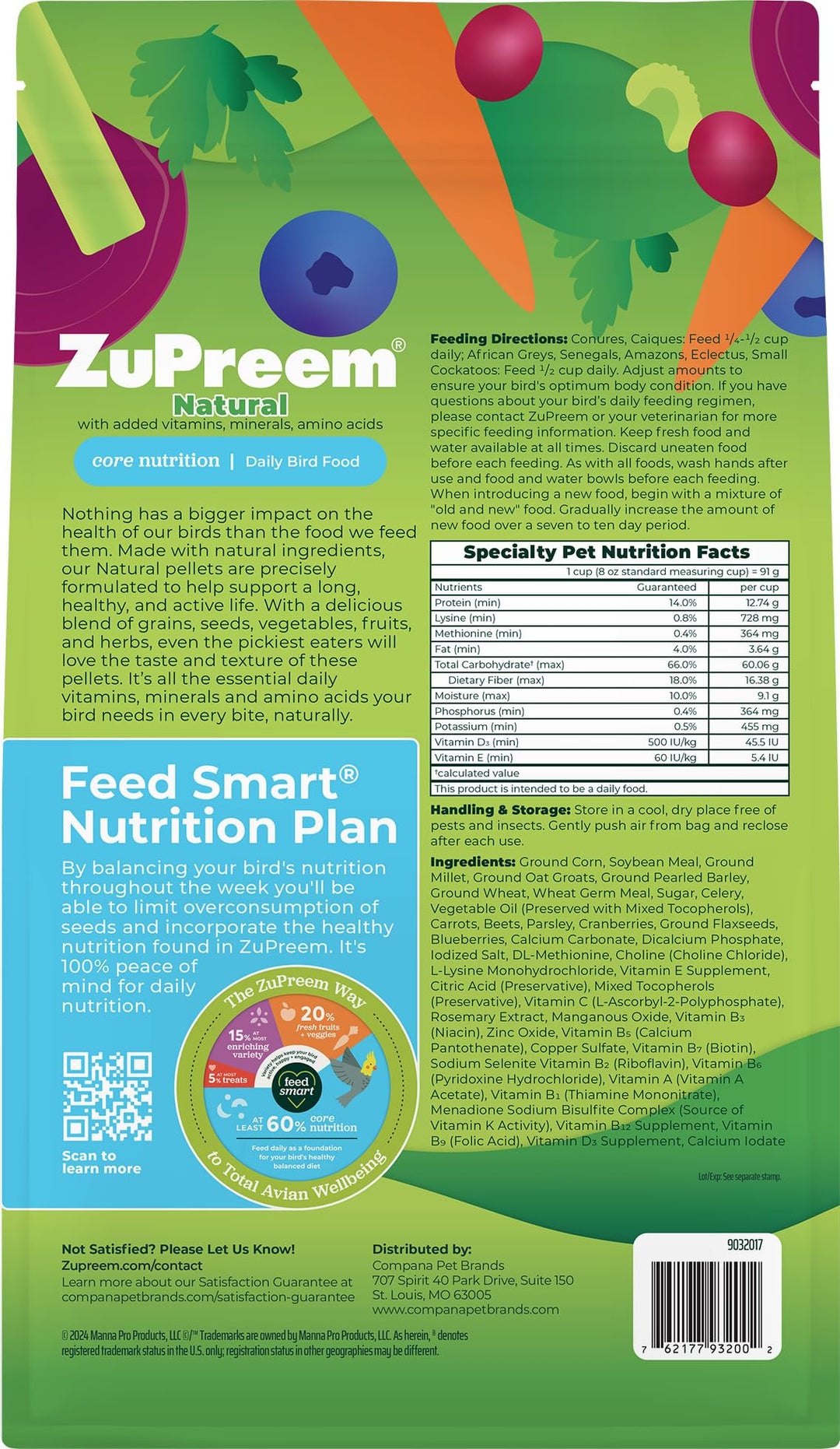 ZuPreem Smart Selects Daily Bird Food for Parrot, Conure, Caique, African Grey, Eclectus, Small Cockatoo, Bird Pellets and Seed Blend, Nutrition for Medium Large Birds, Parrot Food (ML, 4 lbs)