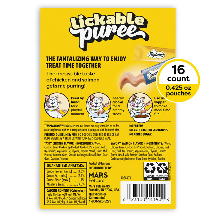 Temptations Creamy Puree Lickable Cat Treats, Chicken &amp; Salmon, 16 Count