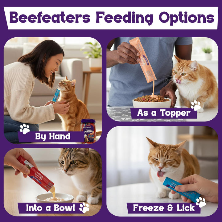 Beefeaters Lickable Cat Treats 48 Count – Puree Squeeze Up Tubes Variety Pack (Salmon, Tuna &amp; Chicken) | Grain Free, Taurine Enriched, High Moisture for Picky Eaters | Cat Treat Topper or Snack