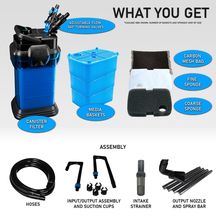 Penn-Plax Cascade 1000 Canister Filter - 265 GPH Aquarium Filter for Tanks Up to 100 Gallons - 360 Degree Flow Valves, Poly Fiber Pads, Bio-Sponge &amp; Activated Carbon -Fresh &amp; Saltwater -11.5x10x17in