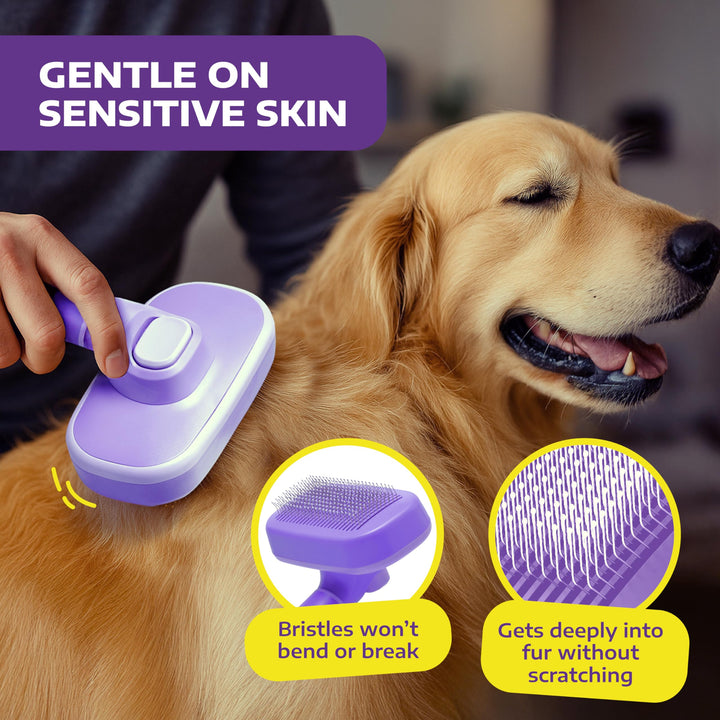 Hertzko Self Cleaning Slicker Brush for Dogs and Cats - Pet Hair Brush for Shedding Long and Short Hair - Easy Clean Retractable Bristles - Cat and Dog Grooming Tool - Purple