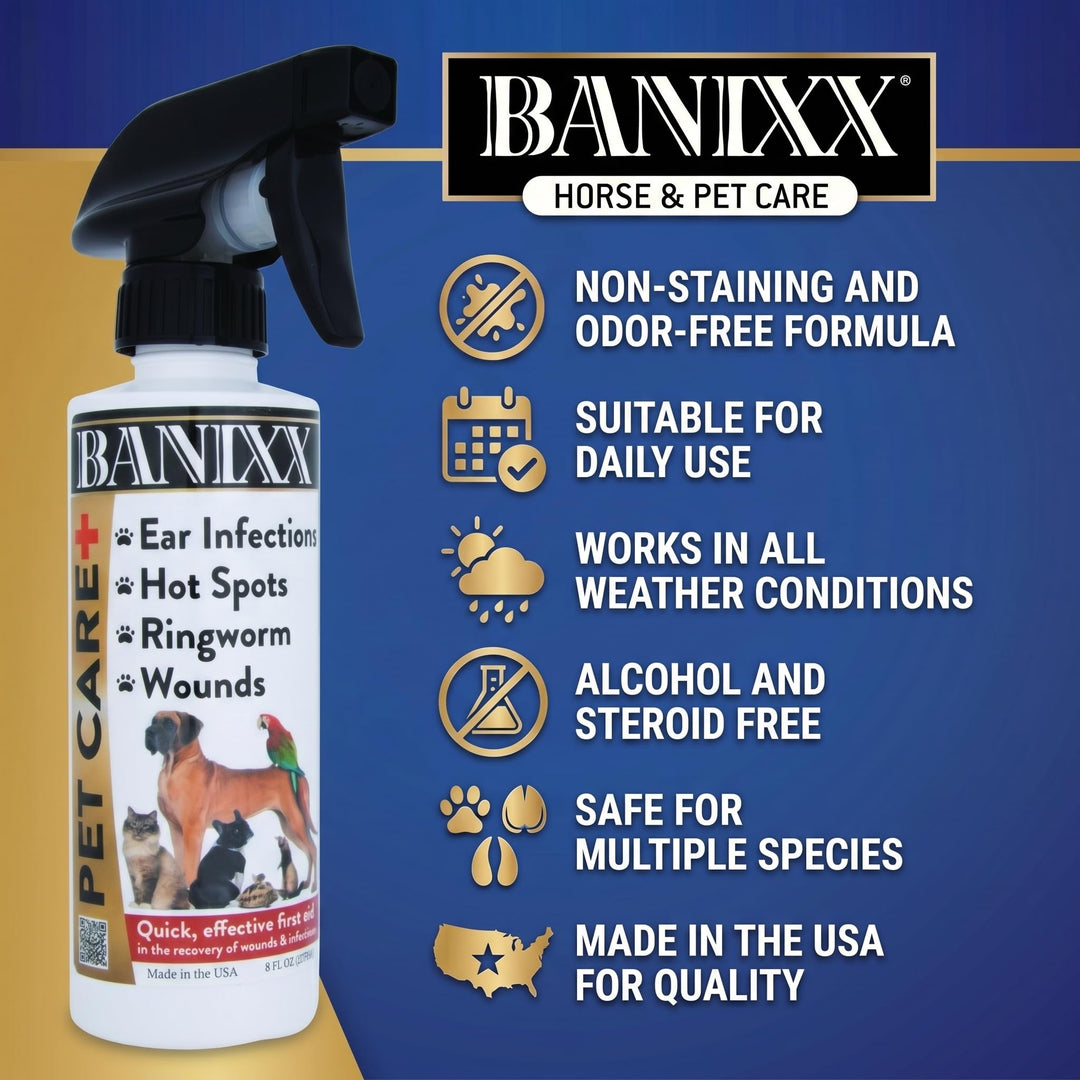 BANIXX Horse and Pet Care Spray for Horses, Dogs and Cats, Daily Skin and Coat Care Spray, Alcohol-Free, Non-Staining, No Odor, Made in USA, Grooming and Hoof Care Formula, 8 oz