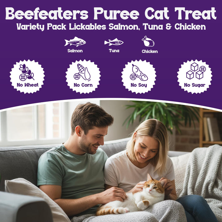 Beefeaters Lickable Cat Treats 48 Count – Puree Squeeze Up Tubes Variety Pack (Salmon, Tuna &amp; Chicken) | Grain Free, Taurine Enriched, High Moisture for Picky Eaters | Cat Treat Topper or Snack