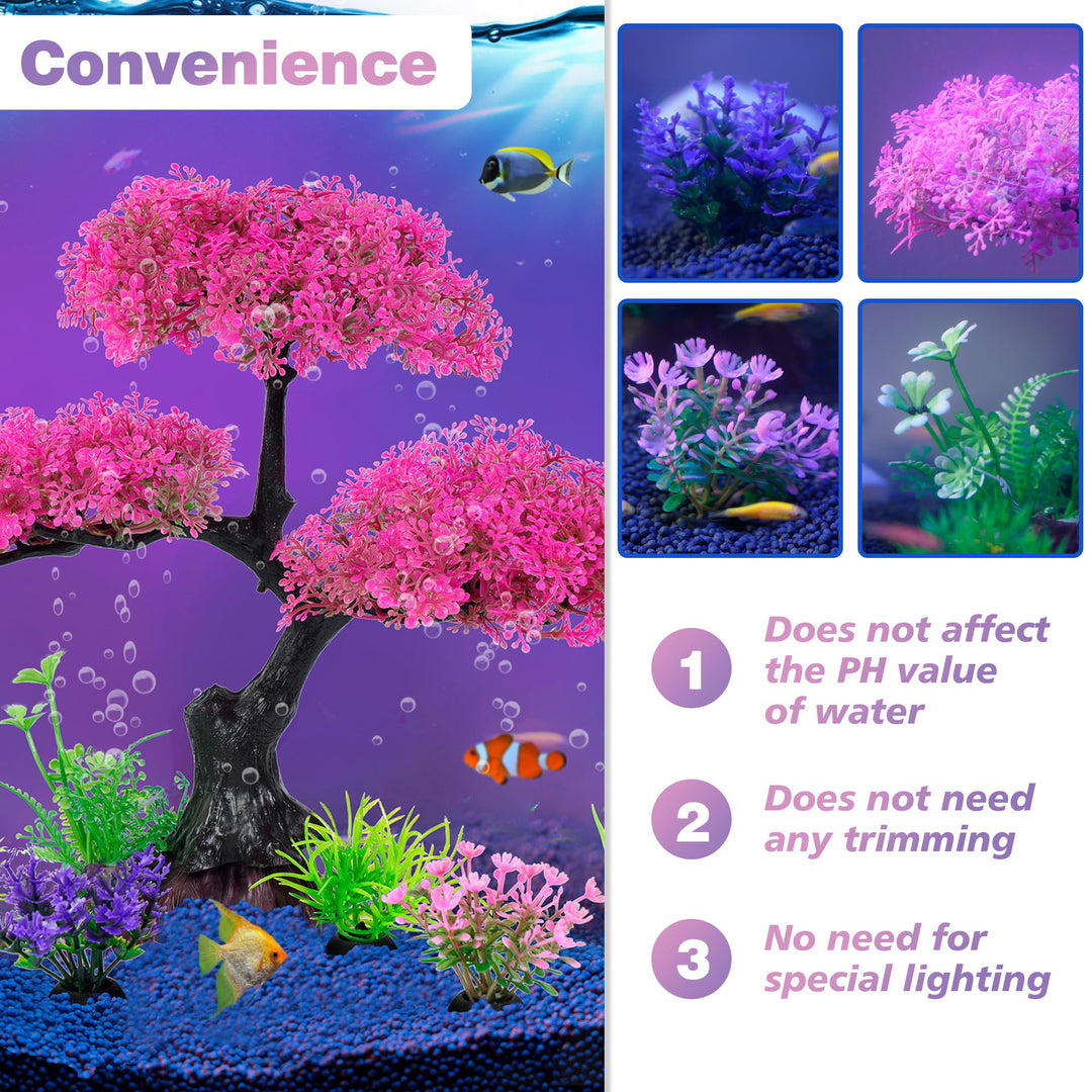 Ameliade Pink Artificial Plastic Tree Aquarium Plants Decor Set, 11PCS
