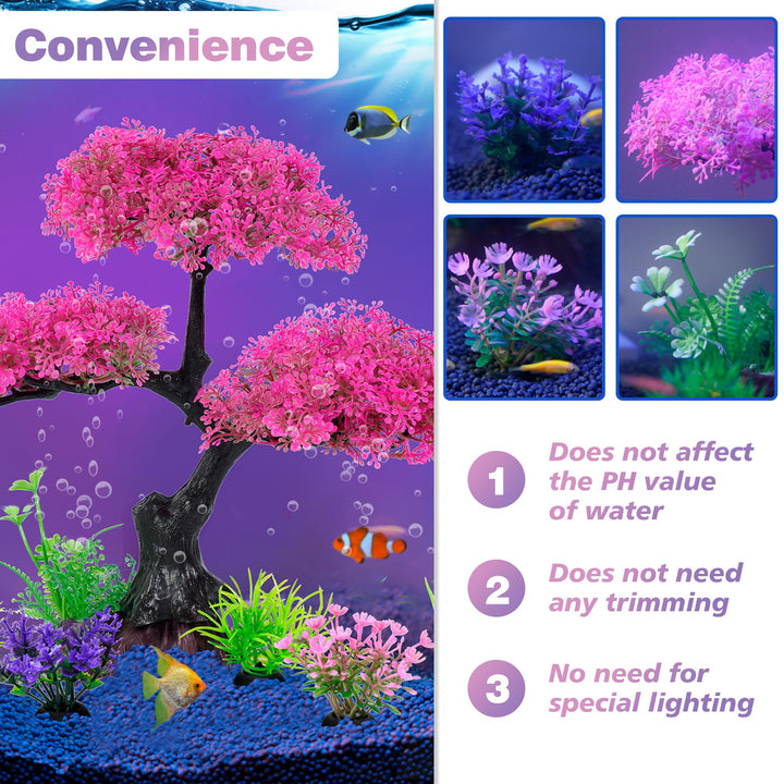 Ameliade Pink Artificial Plastic Tree Aquarium Plants Decor Set, 11PCS