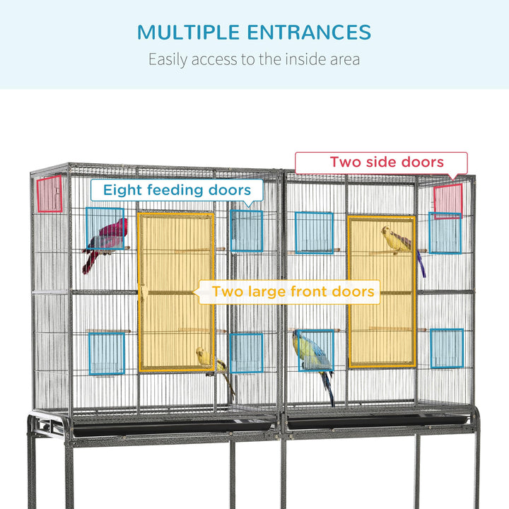 PawHut 65" Double Rolling Metal Bird Cage with Divider, Large Parrot Cage for Parakeet, Canaries, Lovebirds, Budgie, Finch, with Detachable Rolling Stand, Storage Shelf, Wood Perch &amp; Food Container