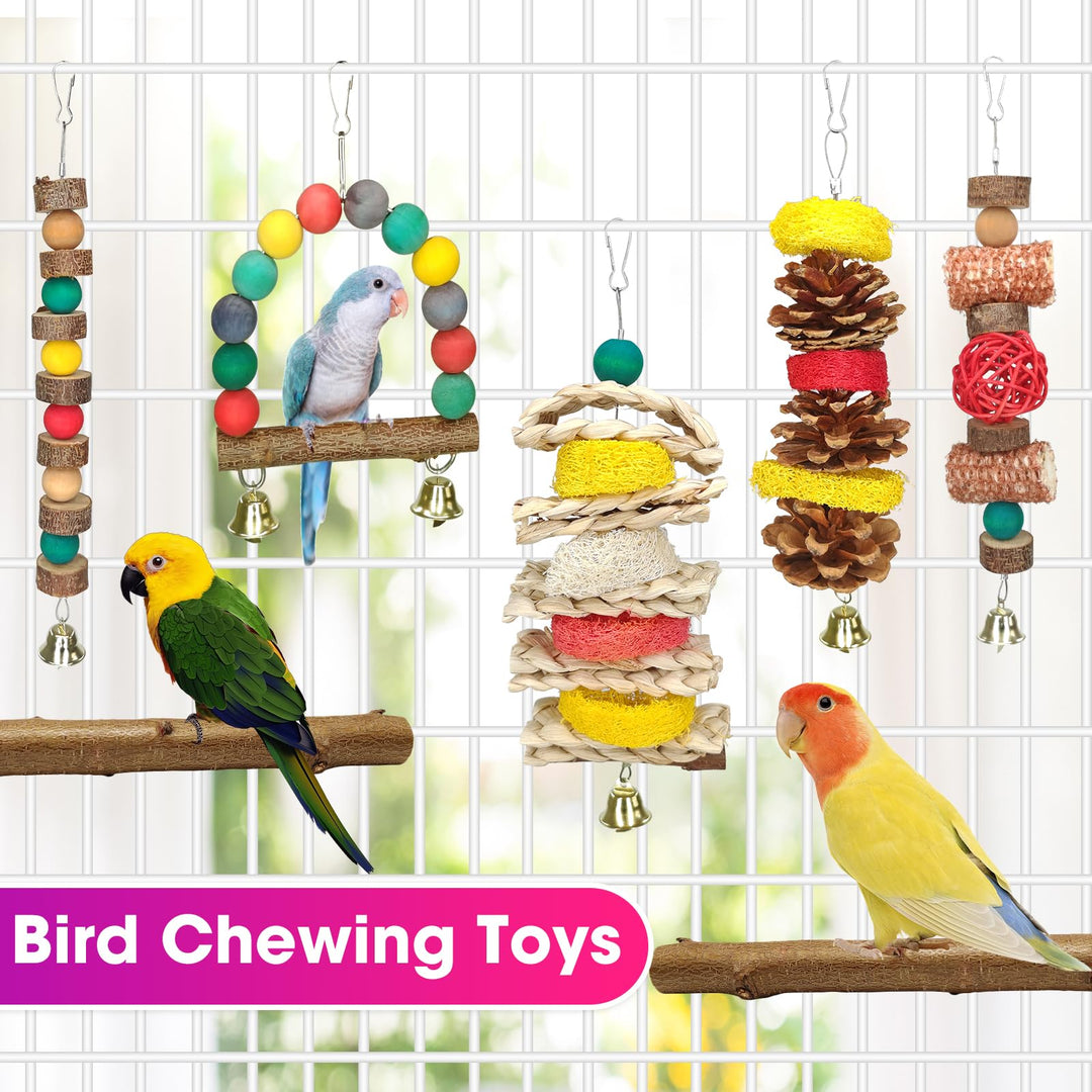 JOREWOOD 7 Pcs Natural Wood Bird Toy &amp; Perch for Parakeets, Cockatiel &amp; Lovebird, Budgie Play Accessory for Small Parrots Indoor Cage