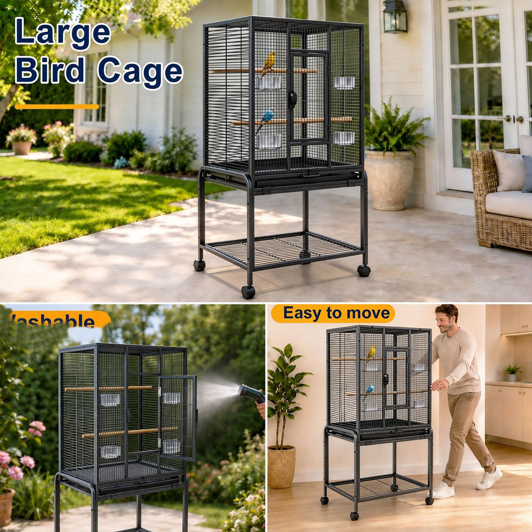 Caetine 54-Inch Bird Cage with Horizontal Wire Design, Wrought Iron Bird Flight Cage with Rolling Stand, and Slide-Out Tray Suitable for Parrot, Cockatiel, Lovebird, Finch, Pigeon.