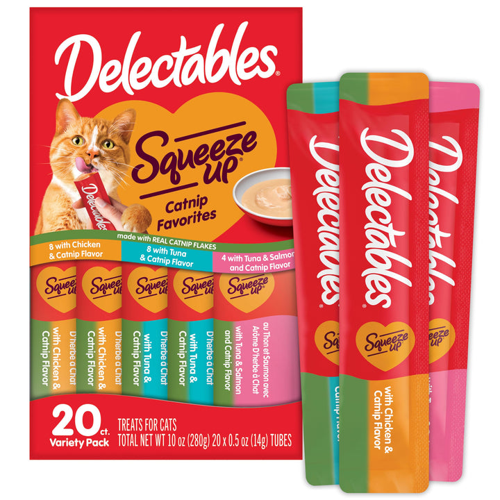 Delectables Squeeze Up Catnip Variety Pack, Creamy Squeezable Puree, Lickable Wet Cat Treats, Grain Free, No Added Fillers, No by-Products, No Added Preservatives, 0.5 Ounces Tube, 20 Tubes Total