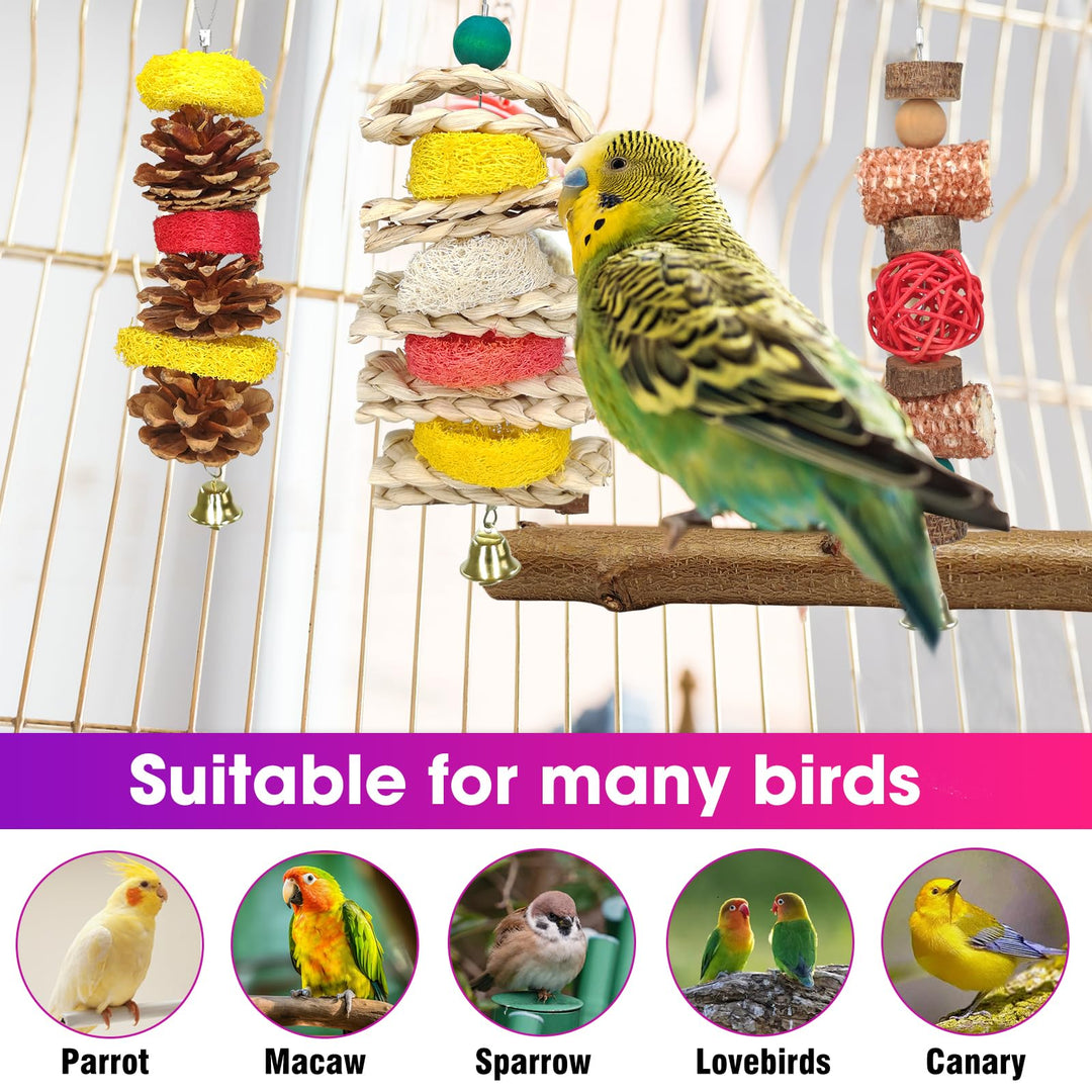 JOREWOOD 7 Pcs Natural Wood Bird Toy &amp; Perch for Parakeets, Cockatiel &amp; Lovebird, Budgie Play Accessory for Small Parrots Indoor Cage